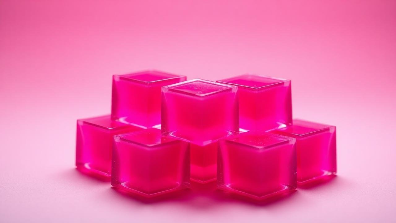 Glossy pink gelatin cubes on a pink background
